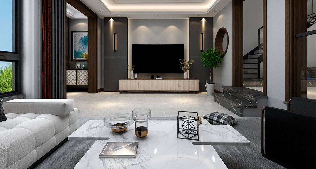 青岛鳌山卫 别墅 210㎡ 简约气概电视配景墙月博效果图