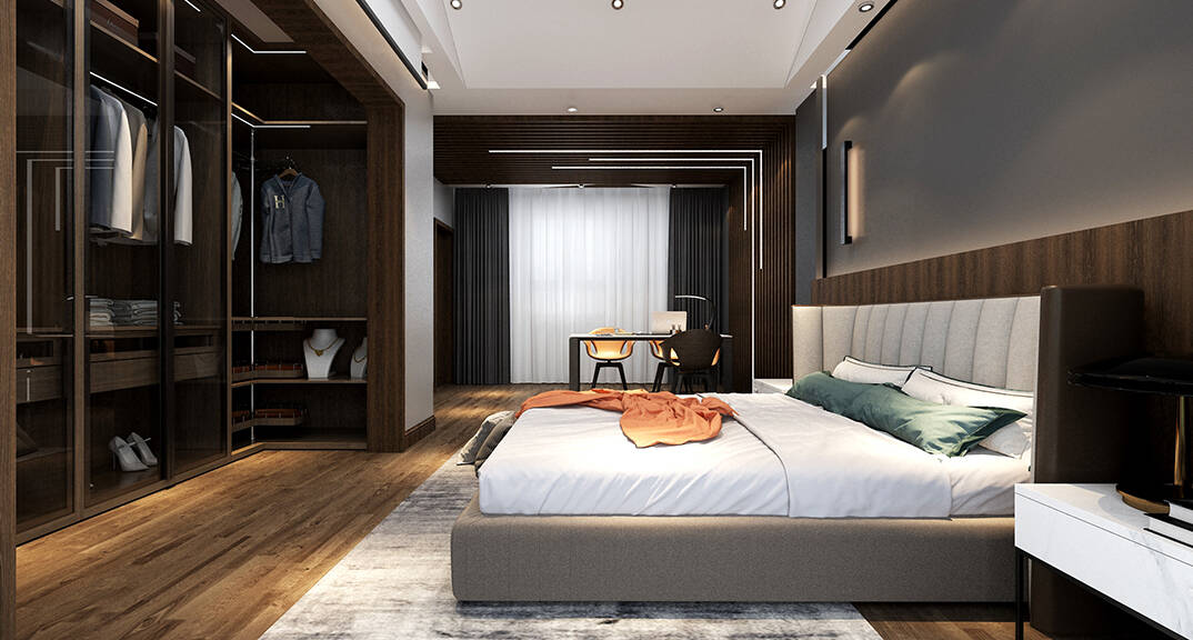 青岛鳌山卫 别墅 210㎡ 简约气概卧室月博效果图