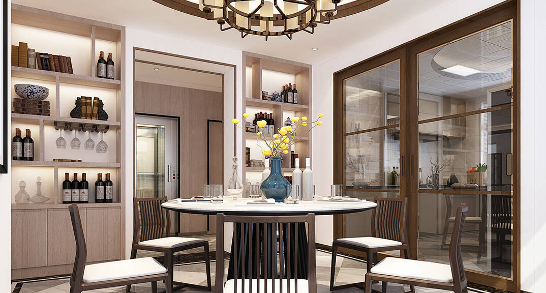 佳源都会600㎡别墅餐厅新中式气概月博效果图