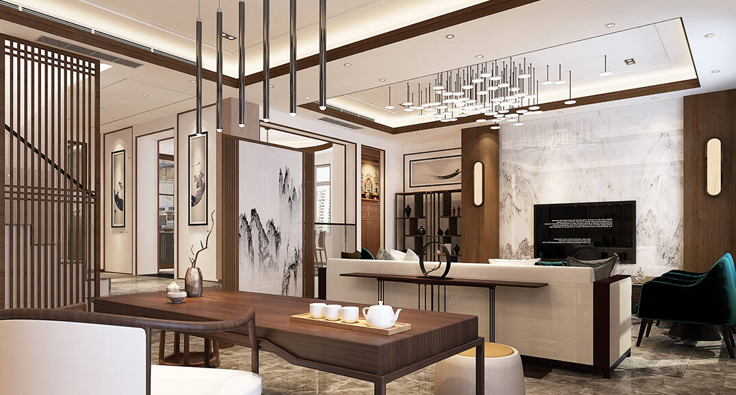 佳源都会600㎡别墅客厅新中式气概月博效果图