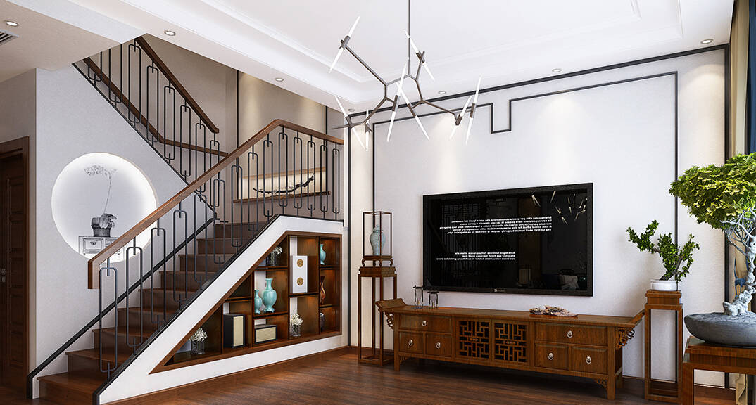 天成小区280㎡别墅客厅新中式气概月博案例效果图