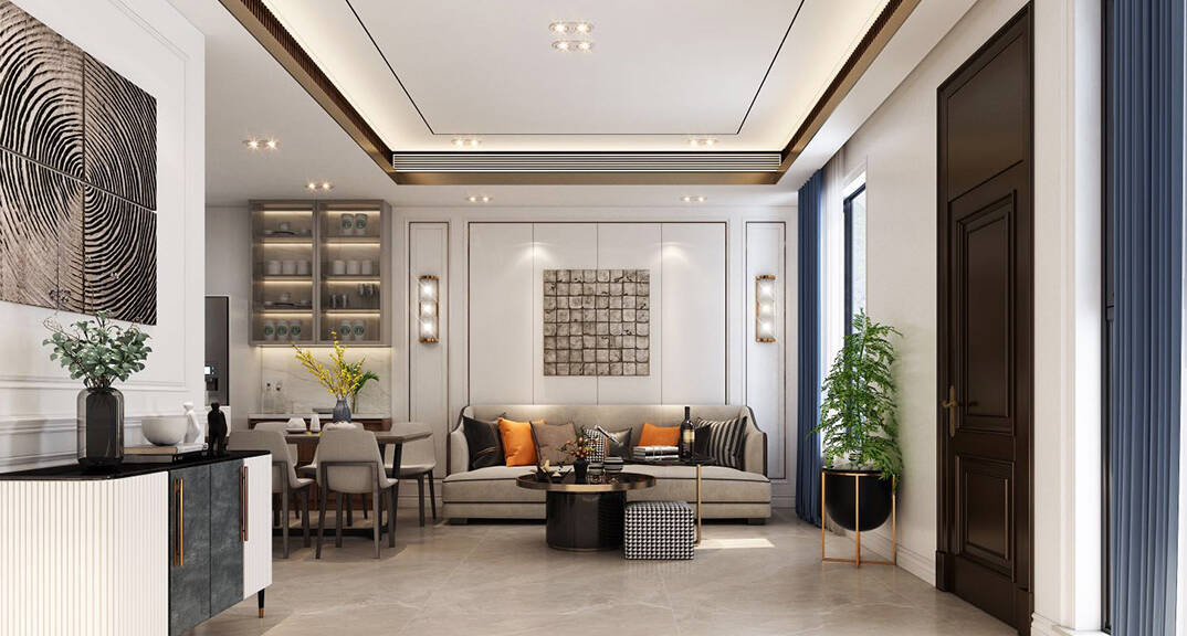 金茂墅180㎡别墅客厅餐厅现代气概月博效果图