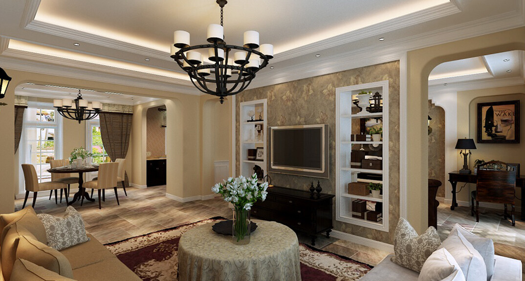 绿城·理想之城227㎡四室二厅客厅美式气概月博案例效果图.jpg