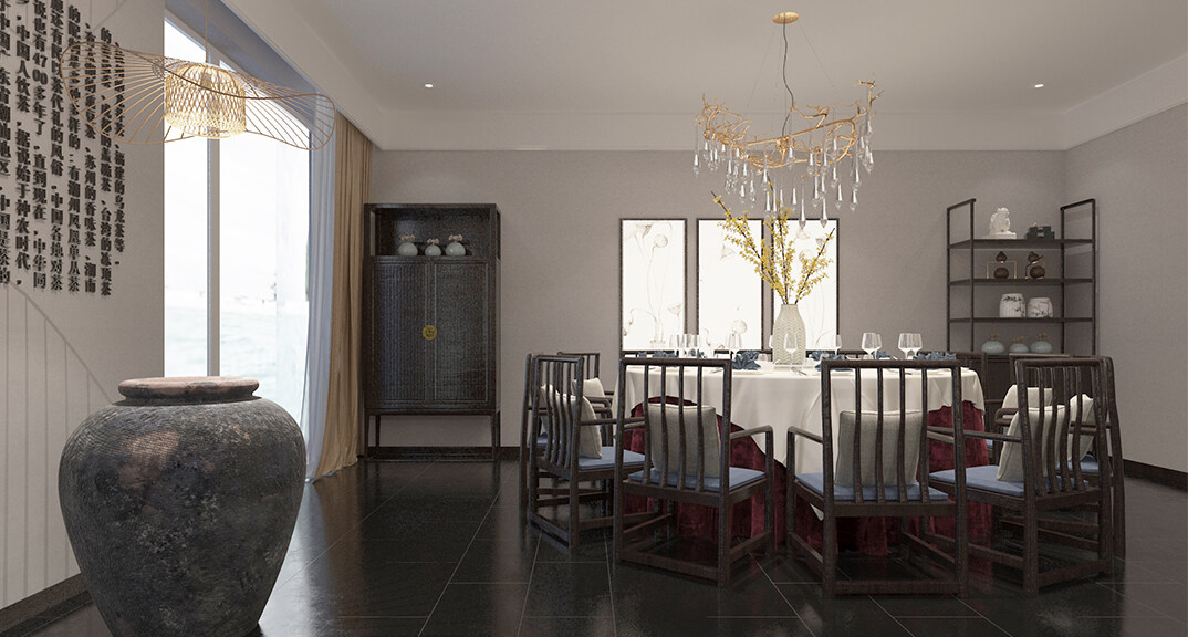 东海路700㎡独栋别墅一层大厅餐厅新中式气概月博案例效果图