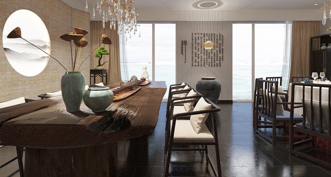 东海路700㎡独栋别墅一层茶楼新中式气概月博案例效果图