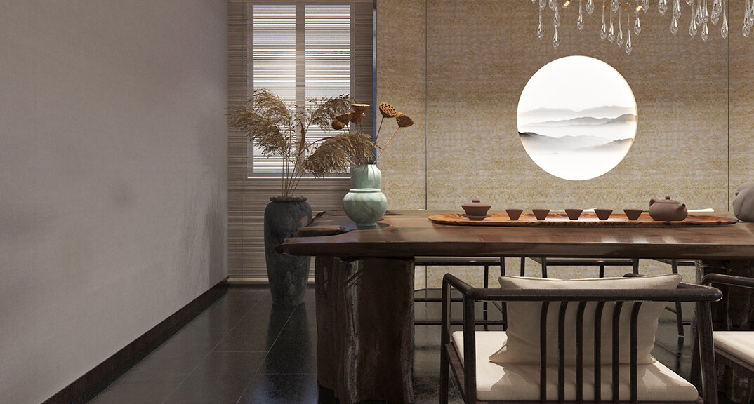 东海路700㎡独栋别墅一层茶楼新中式气概月博案例效果图