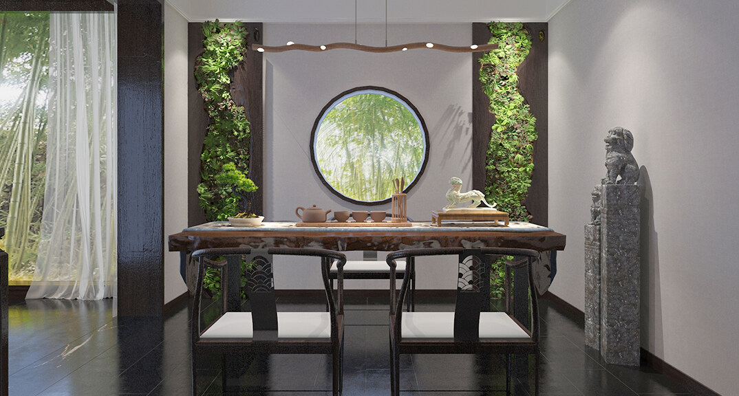 东海路700㎡独栋别墅一层茶楼新中式气概月博案例效果图