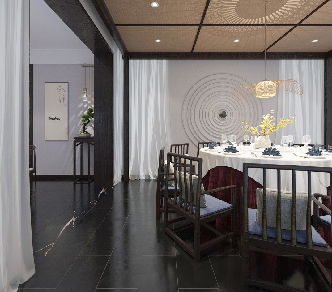 东海路700㎡独栋别墅一层餐厅新中式气概月博案例效果图