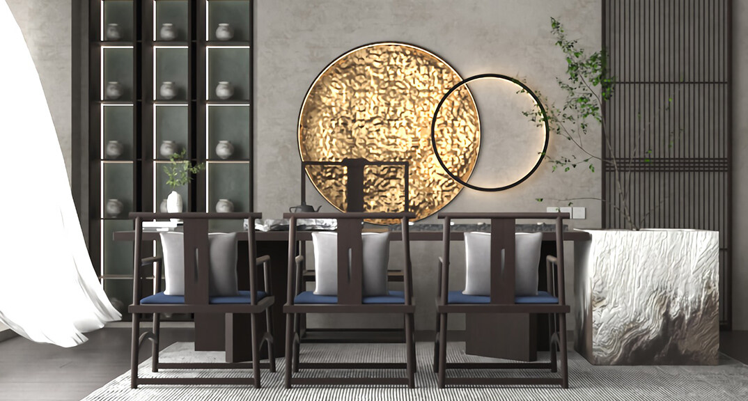 东海路700㎡独栋别墅二层茶楼新中式气概月博案例效果图