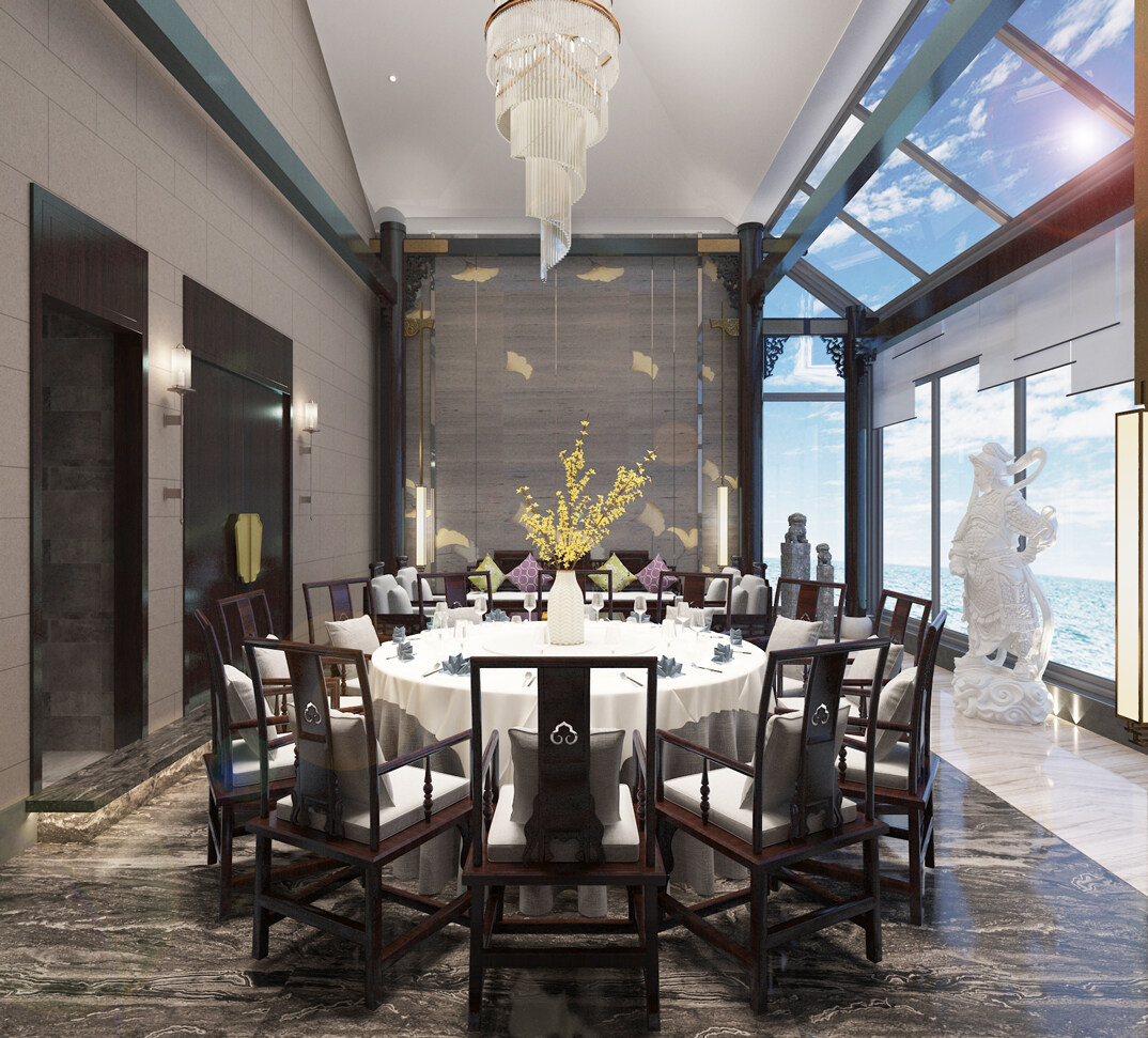东海路700㎡独栋别墅三层聚餐厅新中式气概月博案例效果图