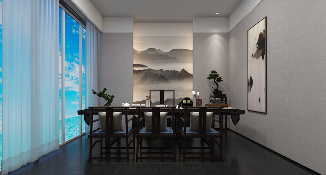 东海路700㎡独栋别墅三层茶楼新中式气概月博案例效果