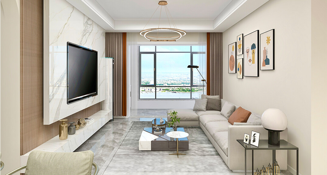 青铁海誉府119㎡三室一厅客厅简约气概月博案例效果图