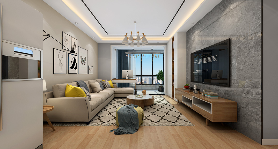 壹号学府152㎡三室两厅客厅现代气概月博案例效果图.jpg